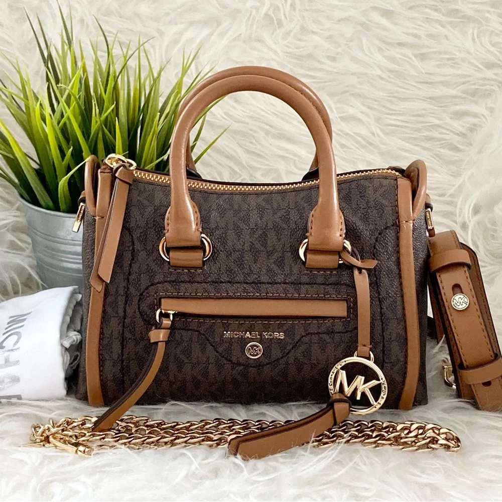 Michael Kors Carine Brown Monogram XS Satchel Crossbody Bag.